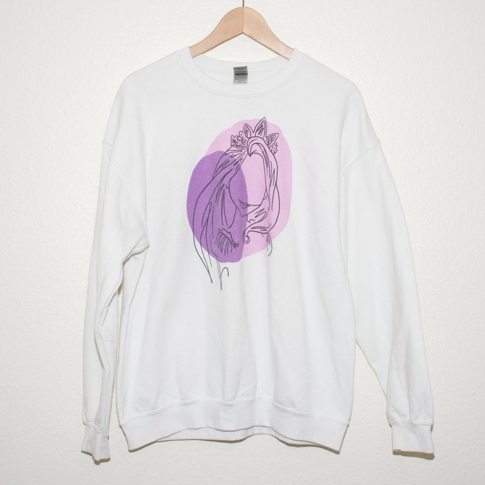Gildan Purple Princess Line Drawing White Pullover Sweatshirt